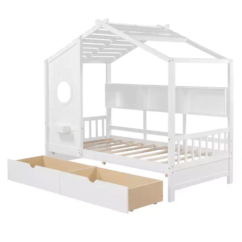 Lit jumeau en bois pour enfants avec 2 tiroirs et étagère de rangement, blanc