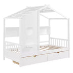 Lit jumeau en bois pour enfants avec 2 tiroirs et étagère de rangement, blanc
