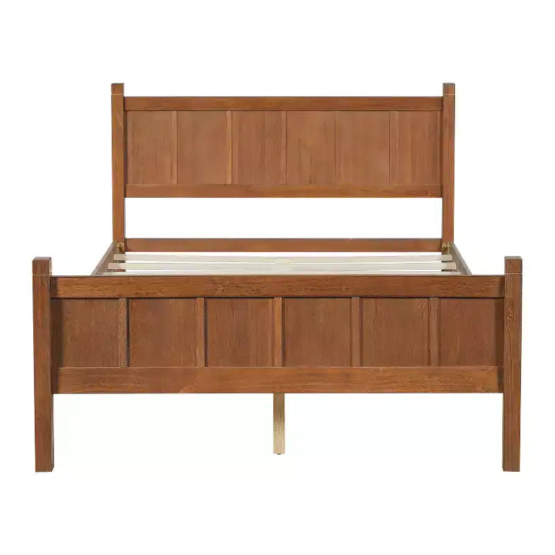 Lit plateforme entièrement à panneaux plats avec tête de lit et pied de lit, cadre de lit de ferme Shaker au grain de bois, noyer clair