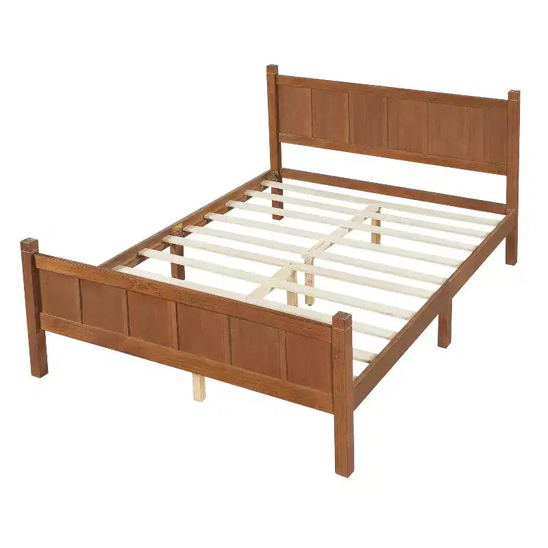 Lit plateforme entièrement à panneaux plats avec tête de lit et pied de lit, cadre de lit de ferme Shaker au grain de bois, noyer clair