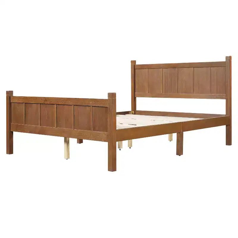 Lit plateforme entièrement à panneaux plats avec tête de lit et pied de lit, cadre de lit de ferme Shaker au grain de bois, noyer clair